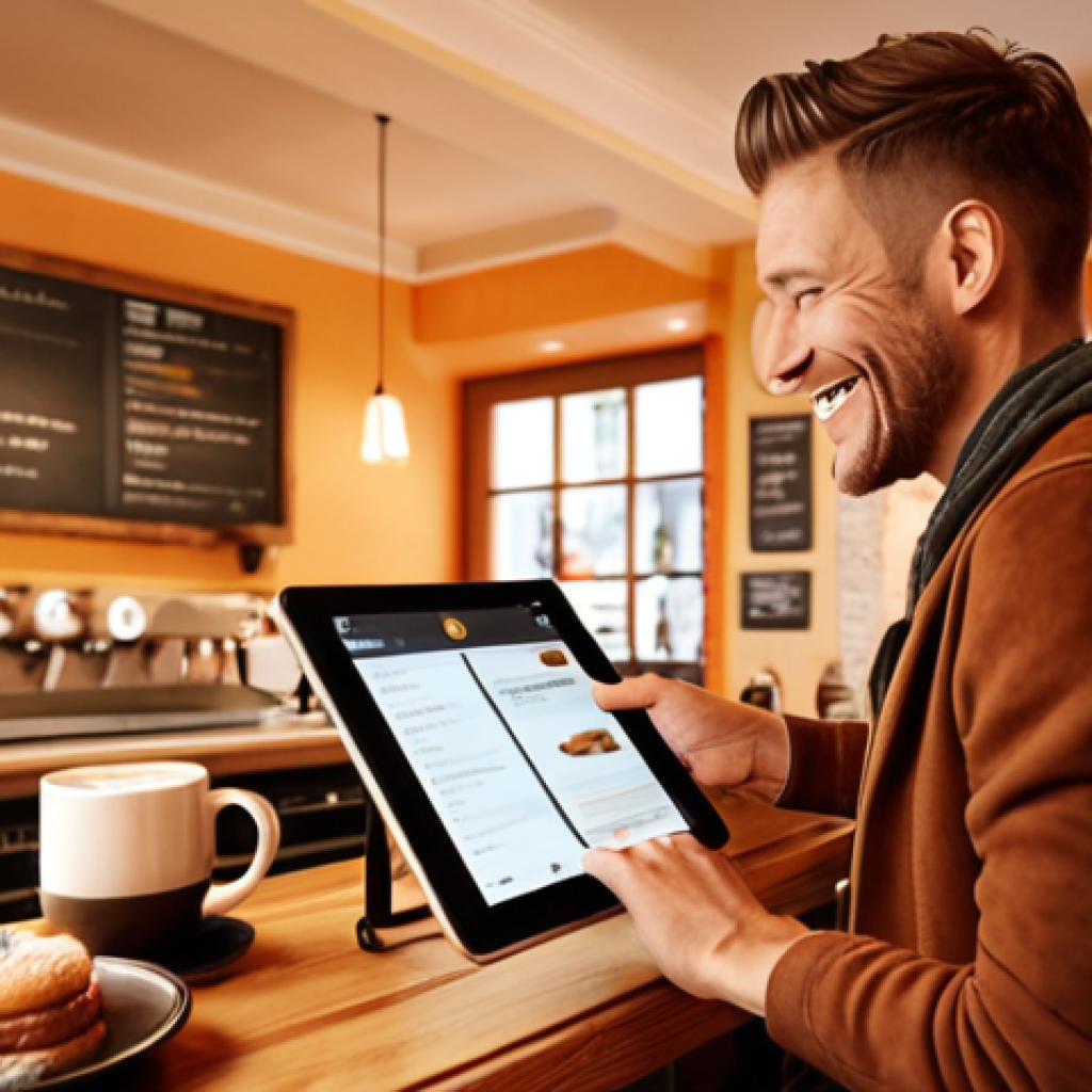 A cozy German cafe interior. Soft, warm lighting highlights a barista handing a personalized email offer on a tablet to a smiling customer. Focus on the customer's delighted reaction and the café's inviting atmosphere. Style: Realistic, warm color palette.