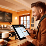 A cozy German cafe interior. Soft, warm lighting highlights a barista handing a personalized email offer on a tablet to a smiling customer. Focus on the customer's delighted reaction and the café's inviting atmosphere. Style: Realistic, warm color palette.