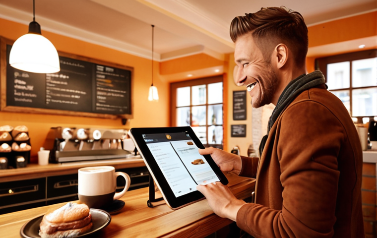 A cozy German cafe interior. Soft, warm lighting highlights a barista handing a personalized email offer on a tablet to a smiling customer. Focus on the customer's delighted reaction and the café's inviting atmosphere. Style: Realistic, warm color palette.
