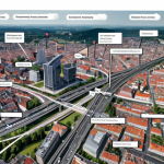 **A customer journey map visualized as a complex web, highlighting key touchpoints like website visits, customer service interactions, and social media engagements. The map includes data analytics dashboards overlayed to show customer behavior and personalization strategies in action. German cityscape in the background.**