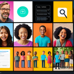 **Prompt:** Empathetic user interface design: A diverse group of people interacting joyfully with a website, illustrating accessibility, inclusion, and emotional connection through vibrant colors, storytelling, and user-friendly navigation.