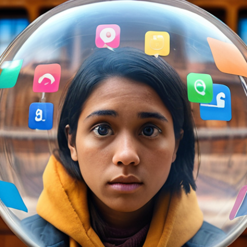 **Image Prompt:** A person trapped inside a transparent bubble (filter bubble) filled with screens displaying similar news articles and social media posts, limiting their view of the outside world. The colors inside the bubble are warm and comforting, while the outside world appears diverse and slightly out of focus. This visualizes the risk of only seeing information that confirms existing beliefs.