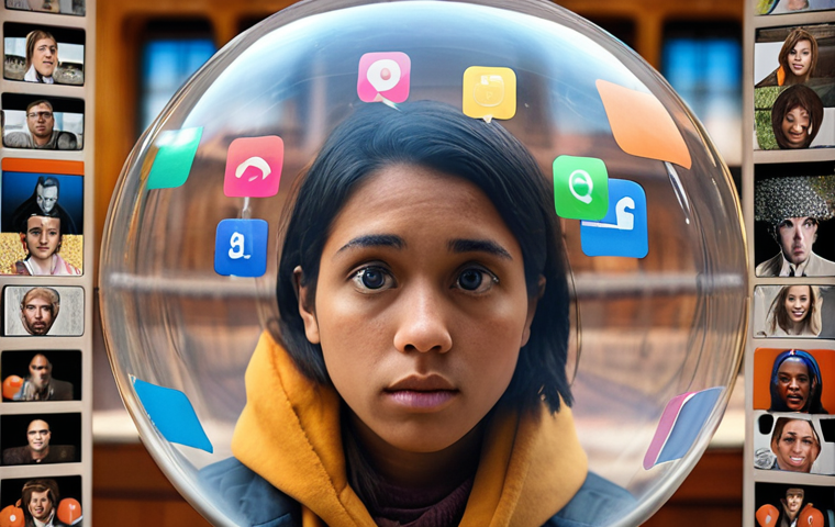 **Image Prompt:** A person trapped inside a transparent bubble (filter bubble) filled with screens displaying similar news articles and social media posts, limiting their view of the outside world. The colors inside the bubble are warm and comforting, while the outside world appears diverse and slightly out of focus. This visualizes the risk of only seeing information that confirms existing beliefs.