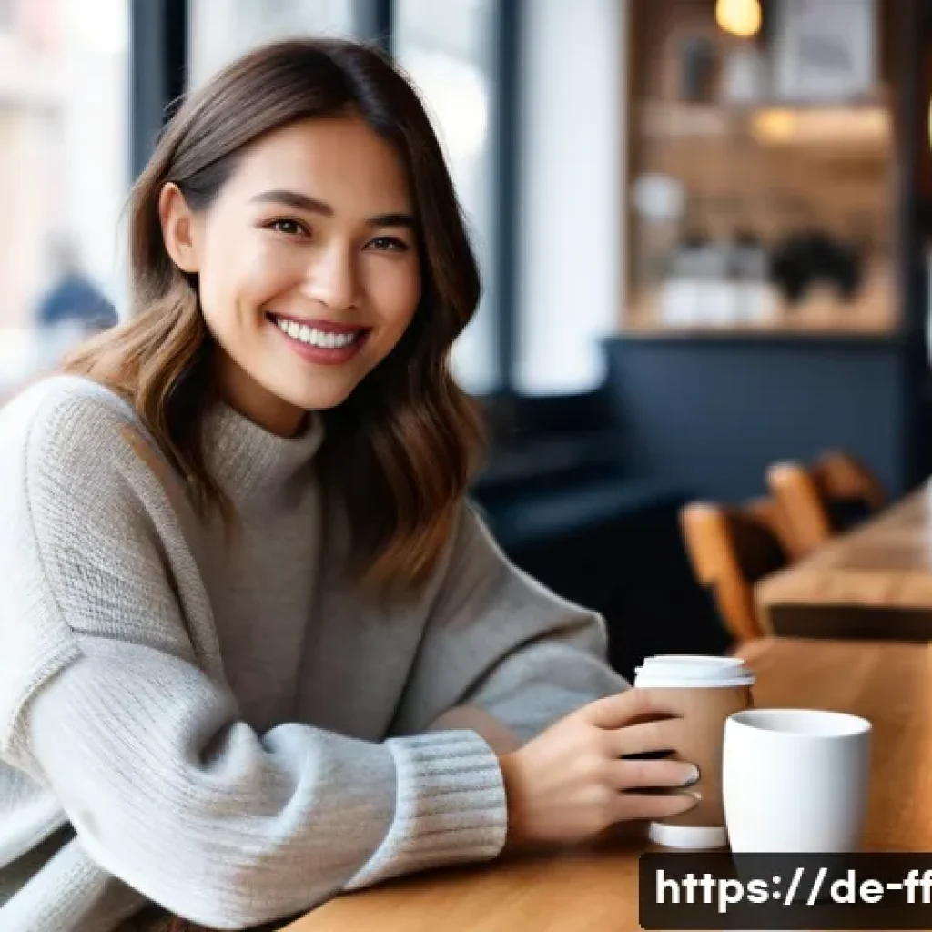 하이퍼 퍼스널라이제이션과 시장 분석 기법 - A woman in her late 20s, with a warm smile, is seated at a modern, minimalist cafe table, gently hol...