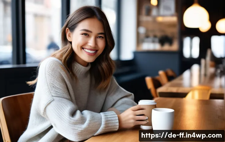 하이퍼 퍼스널라이제이션과 시장 분석 기법 - A woman in her late 20s, with a warm smile, is seated at a modern, minimalist cafe table, gently hol...