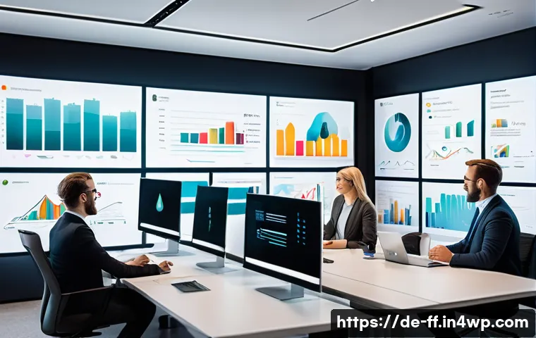 하이퍼 퍼스널라이제이션의 고객 가치 증대 - A modern office scene showing a diverse team of marketing professionals analyzing big data on multip...