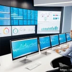 Home 23 하이퍼 퍼스널라이제이션과 소비자 경험 향상 - A modern digital marketing control room with multiple large screens displaying real-time customer da...
